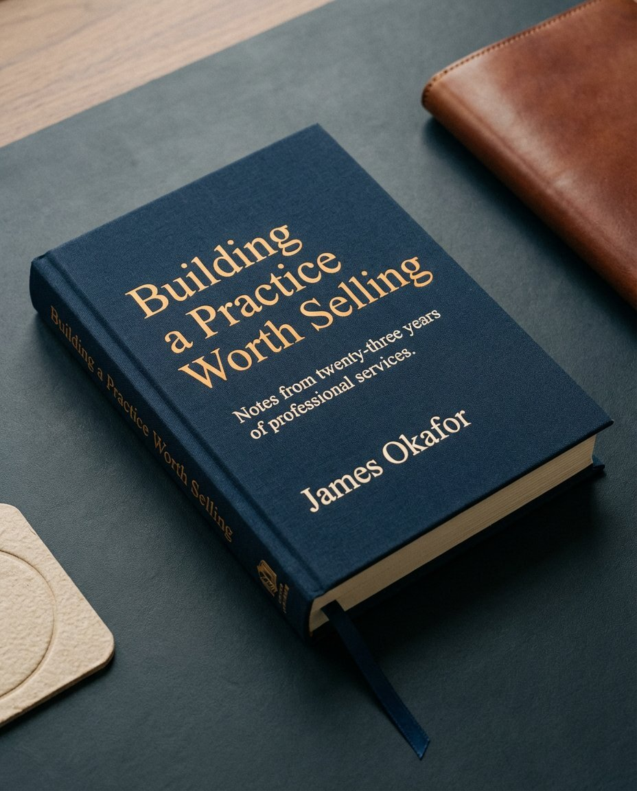 An authority business book on a professional desk, navy and gold cover with author name in serif.