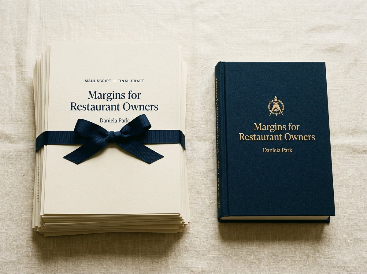 What you receive on delivery day — a finished manuscript bound with a navy ribbon and a hardcover advance proof copy.