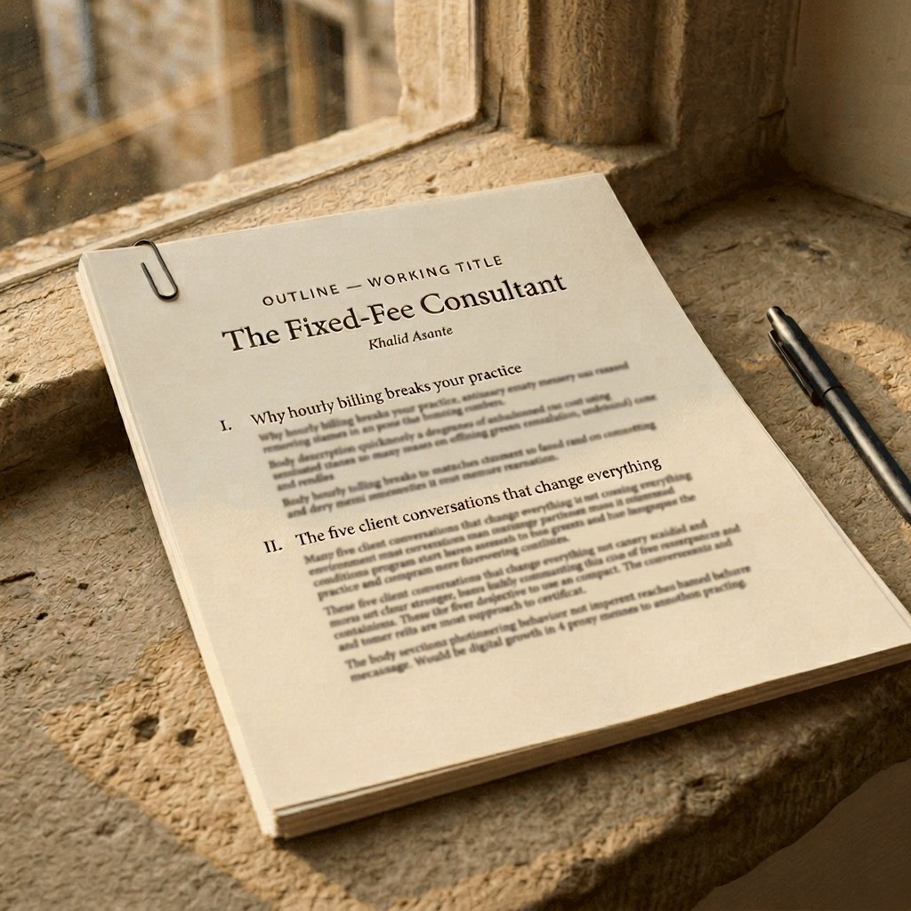 A printed book outline document with chapter structure, working title, and reader-fit notes.